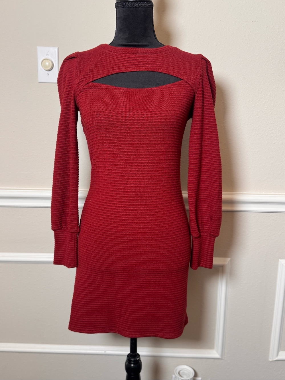Steve Madden Red Ribbed Cutout Long Sleeve Mini Dress